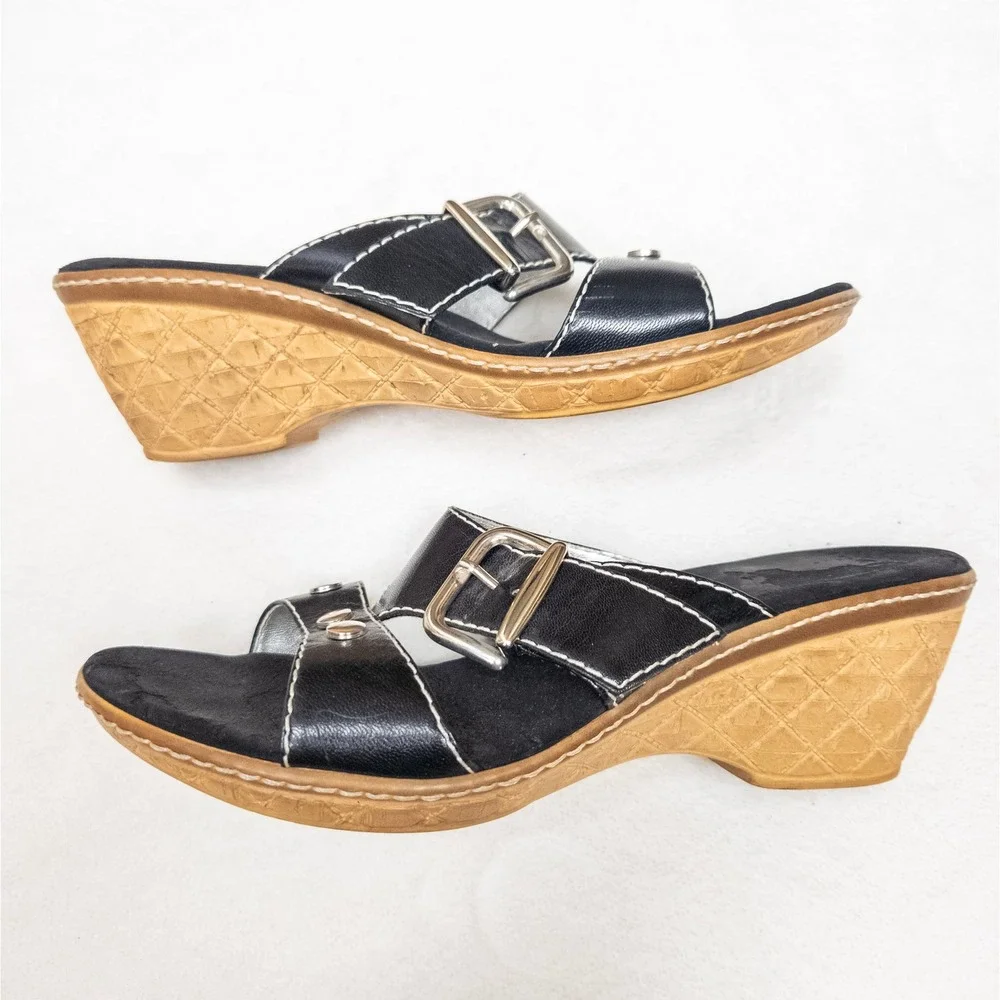 Y2K Black Wedge Mules Sandals Studded‎ Buckle Slip On Platform Onex 2000s Size 9
